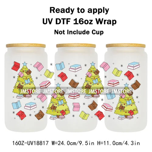 Christmas Bookish Santa Stocking Gifts UV DTF Cup Wrap Ready To Apply Transfer Stickers Waterproof For 16OZ Libbey Glass Can Mug