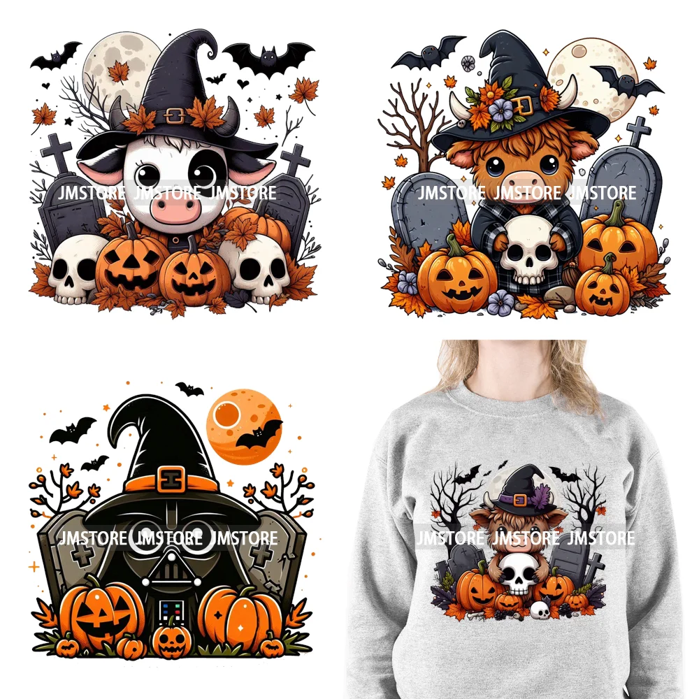 Ghost Highland Cows Western Pumpkin Skeleton Fall Dead Rip Coffin Cross Halloween DTF Iron On Transfers Stickers For Sweatshirt