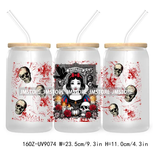 Spooky Halloween Princess 16OZ UV Cup Wrap DTF Transfer Sticker For Libbey Glass Can Cup Tumbler Waterproof Label Trick or Treat