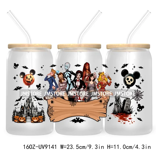 Mouse And Friends Halloween 16OZ UV DTF Cup Wrap Transfer Stickers Custom Labels Waterproof For Libbey Glass Can Magical Kingdom