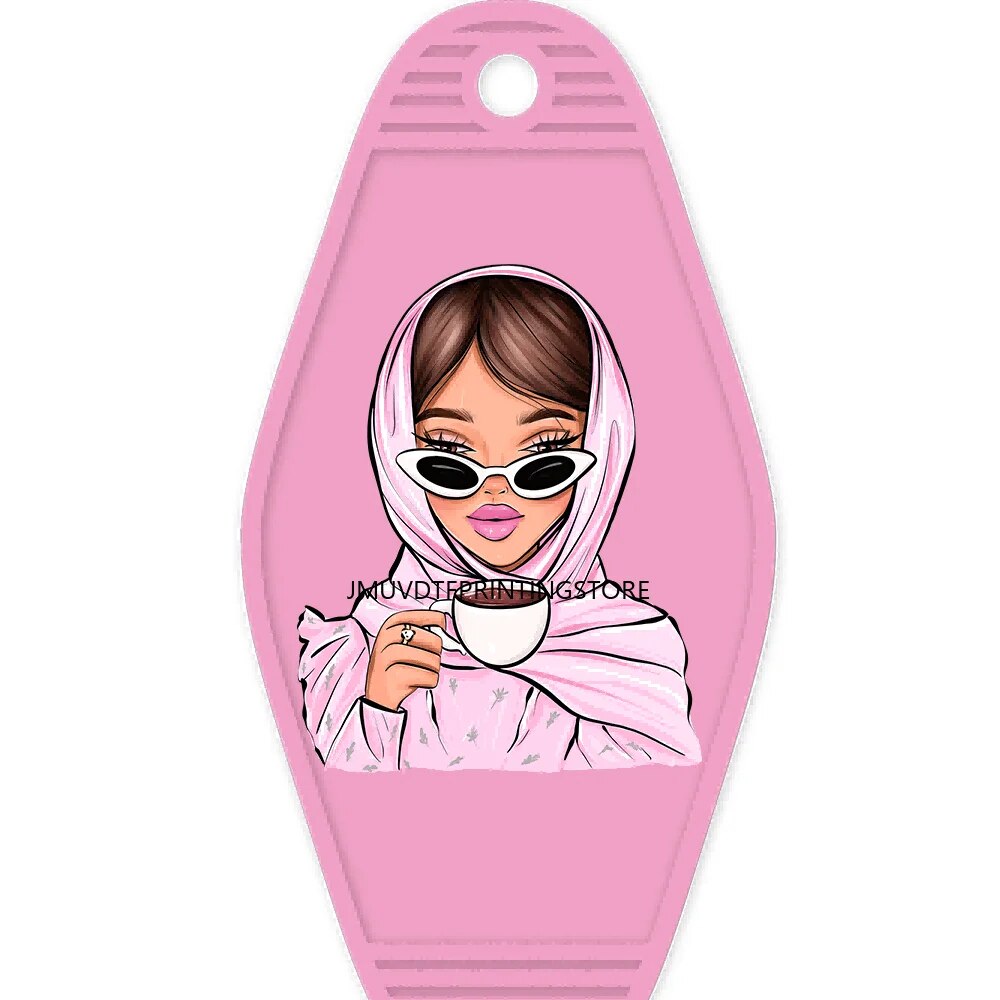 Happy Birthday Pink Girls With Coffee High Quality WaterProof UV DTF Sticker For Motel Hotel Keychian Cute Girl Kids