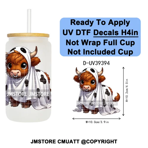 Highland Cow Horror Character Coquette Pumpkin UV DTF Decals Ready To Apply Durable Transfer Stickers For 16OZ Libbey Glass Can