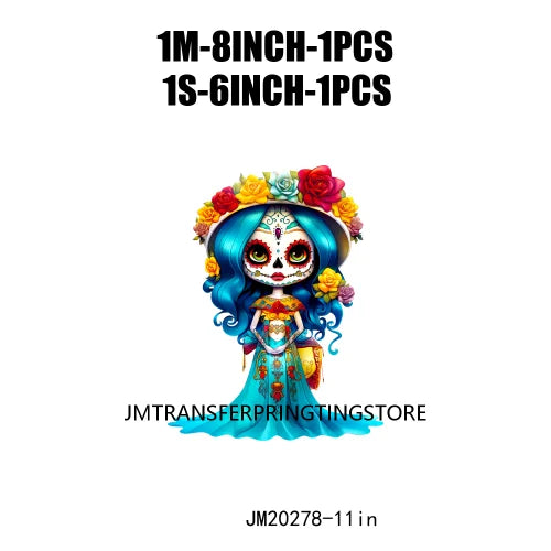 Cute Doll La Catrina Day Of The Dead Sugar Skull Mexican Halloween Iron On DTF Transfer Stickers Ready To Press For Hoodies Bags