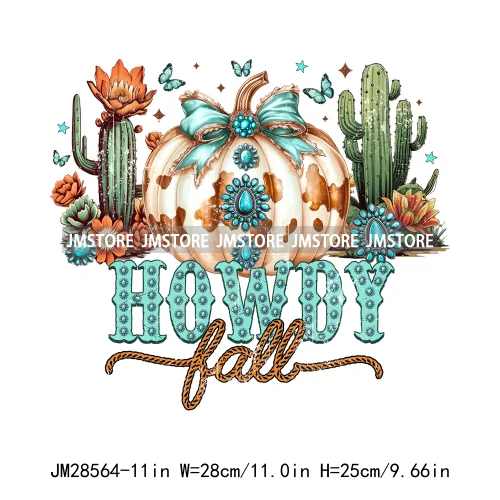 Howdy Pumpkin Ghost Western Fall Vibes Turquoise Coquette Bow Autumn Iron On DTF Transfer Sticker Ready To Press For T-shirts