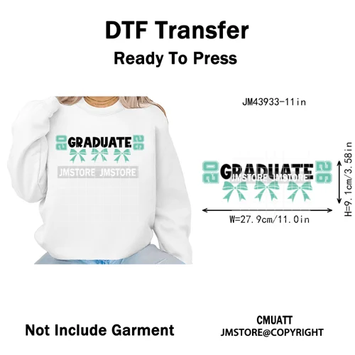 College Mega Senior 2K26 Coquette Class of 2026 Iron on Washable DTF Heat Transfers Stickers Ready to Press for Textiles Bags