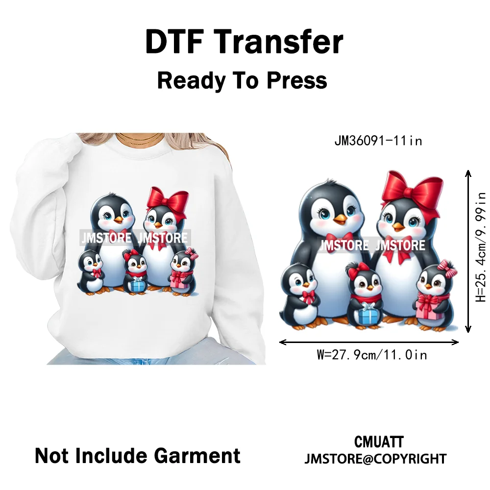 Cute Animal Penguins Coquette Hat Family Mom Father Baby Lovers Iron on DTF Heat Transfer Stickers Ready to Press for Hoodies