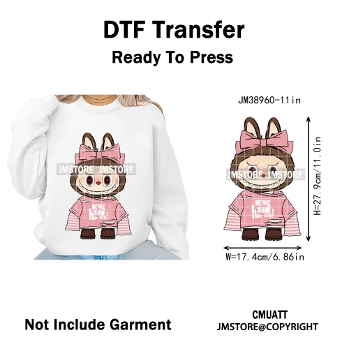 Coquette Bow Monster Doll Drinking Soda Bottle Thermal Printing Iron on DTF Washable Transfer Sticker Ready to Press for Clothes