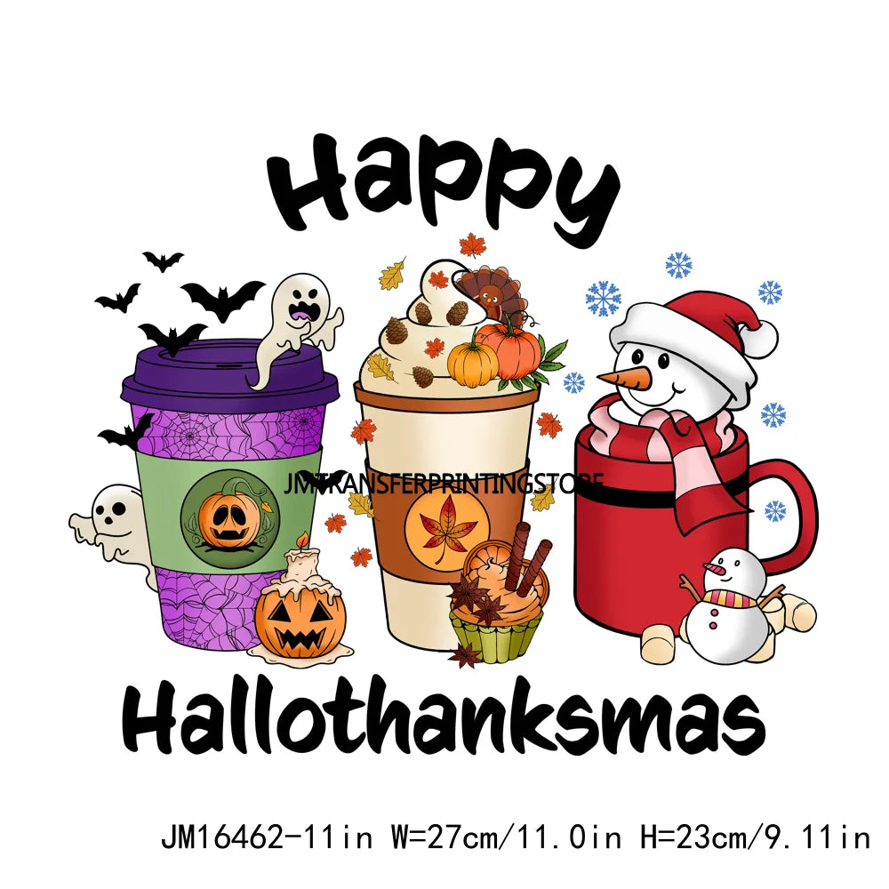 Eat Drink And Be Thankful Hallothanksmas Decals Santa Gnome Coffee Cup Animal Pumpkin Iron On DTF Transfer Sticker For Clothing