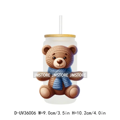 Watercolor Knitted Cute Animals UV DTF Transfer Stickers Decals Ready To Apply Waterproof For 16OZ Libbey Glass Can Cups Tumbler