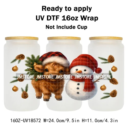 Howdy Christmas Western Highland Cow 16OZ UV DTF Cup Wraps Ready To Apply Waterproof Transfer Stickers For Libbey Glass Can