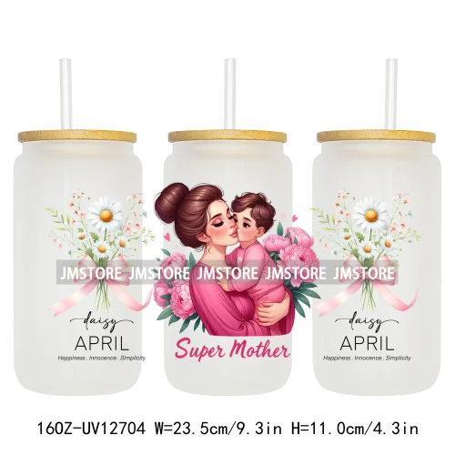 Floral Mama Coquette Mother's Day Birth Month Flower 16OZ UV DTF Cup Wrap Transfer Stickers Waterproof Logo For Libbey Glass Can