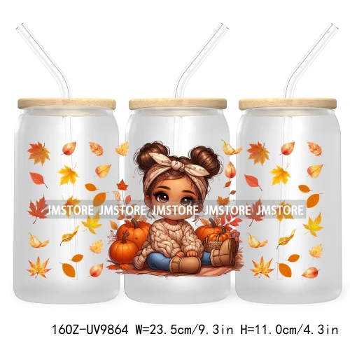 Mexican Latina Chibi Autumn Baby Girl UV DTF Sticker For 16OZ Libbey Glass Cup Can Wrap Transfer Stickers Custom Labels DIY Logo