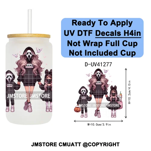 Family Halloween Horror Mama UV DTF Transfer Stickers Decals Ready To Apply Waterproof For 16OZ Libbey Glass Can Cups Tumbler