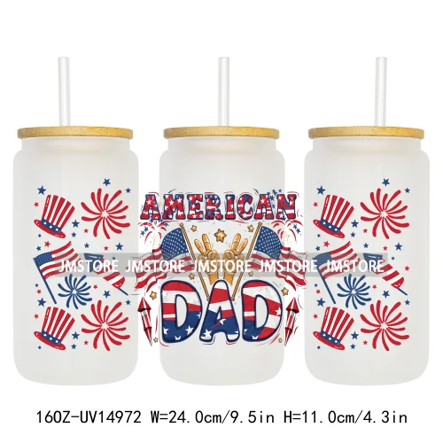 4th Of July American Dad Father's Day 16OZ UV DTF Cup Wraps Ready To Apply Waterproof Transfer Stickers For Libbey Glass Can Mug