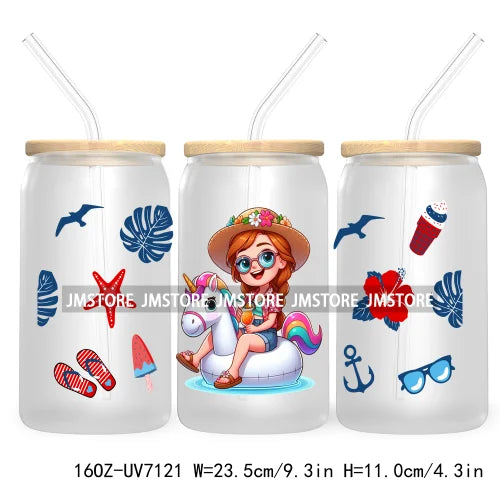 Cartoon Princess's Summer Vacation 16OZ UV DTF Cup Wrap Transfers Stickers For Libbey Glass Can Cups Tumbler Waterproof Craft