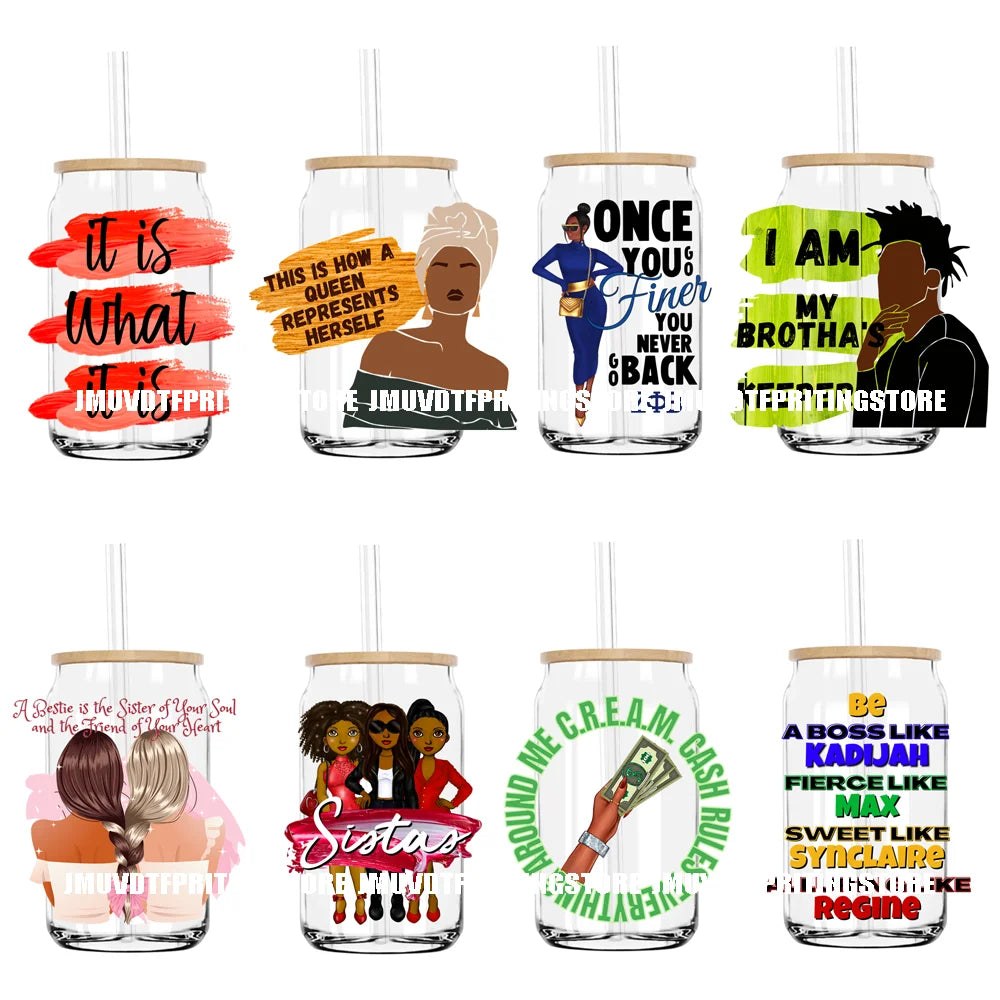 Hustle African American Women Man UV DTF Transfer Stickers Decal For Libbey Cold Cups Mug Tumbler Waterproof DIY Logo Black Lady