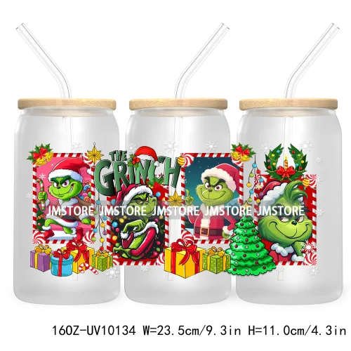 Christmas Coffee Cups Green Guy 16OZ UV Cup Wrap DTF Transfer Stickers For Libbey Glass Can Cup Tumbler Waterproof Label Cartoon