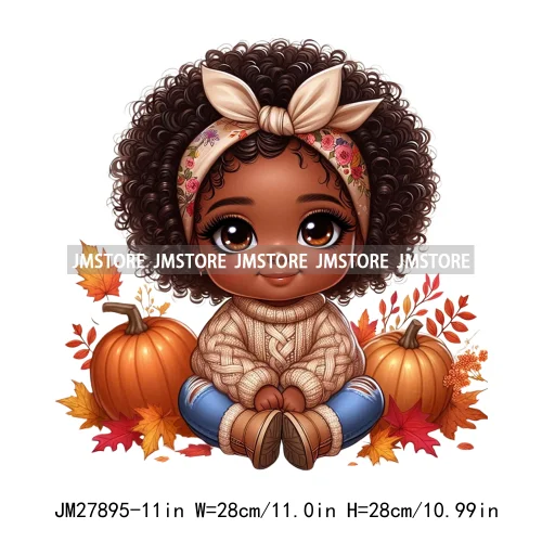 New Autumn Chibi Black Baby Girls Cartoon Afro Princess Pumpkin Fall Season DTF Iron On Heat Press Transfer Stickers For Hoodies