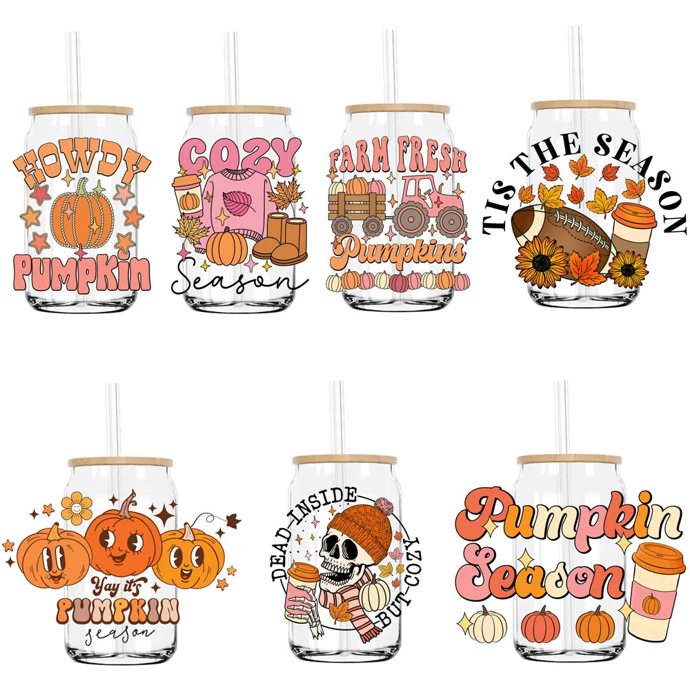 Cozy Pumpkin Sesaon Fall Vibes Leaves UV DTF Transfers Stickers Decals For Libbey Cold Cups Mugs Tumbler Waterproof DIY Craft