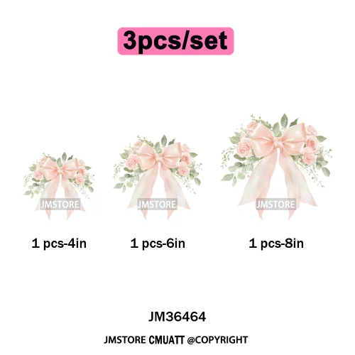 Pink Bow Silk Wedding Coquette Girl Ribbon Tied Printing Iron on DTF Thermal Transfers Stickers Ready to Press for Clothing Bags