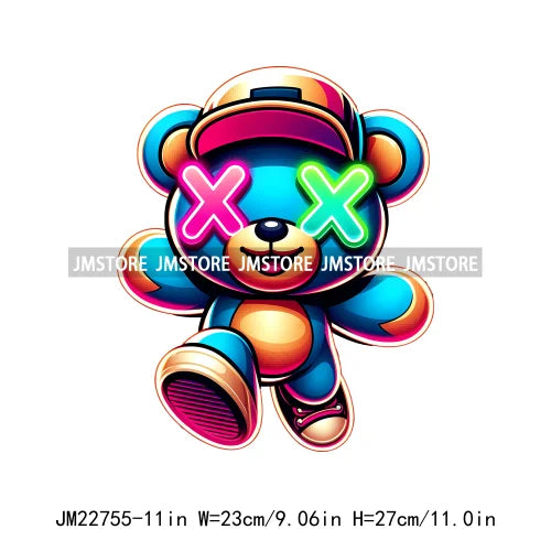 Cool Neon Colorful Hip Hop Streetwear Urban Teddy Bear Iron On DTF Transfers Stickers Ready To Press For Clothing Bags