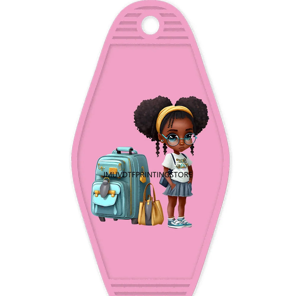 School Melanin Black Girls With Luggage High Quality WaterProof UV DTF Sticker For Motel Hotel Keychain Afro Children