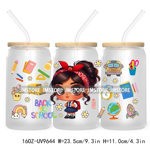 Back To School Cartoon Princess 16OZ UV Cup Wrap DTF Transfer Sticker For Libbey Glass Can Cups Tumbler Waterproof Label Teacher