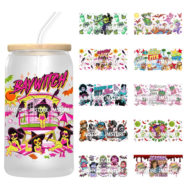 Funny Horror Halloween Characters UV DTF Wraps Transfer Sticker Selfadhesive Waterproof High Quality For 16OZ Libbey Glass Can