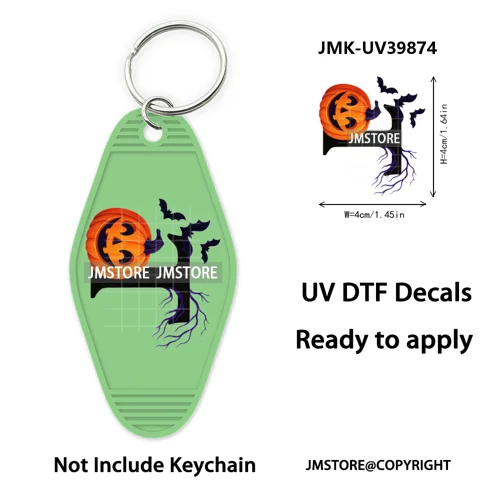 Halloween Pumpkin Alphabet Letters UV DTF Motel Keychain Decal Ready To Ship Durable Transfer Stickers Prints For Hotel Keychain