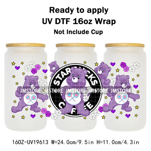 Cheerful Floral Hearts Cartoon Bears Clipart UV DTF Transfer Stickers Cup Tumbler Wrap For 16OZ Libbey Glass Bottle Cup Wraps