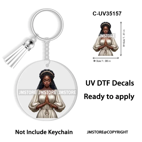 Christian Jesus God Pray Afro Girl UV DTF Decal Round Keychain Ready To Apply WaterProof Transfer Stickers For Circle Keychain