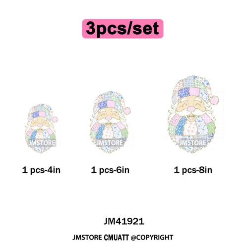 Merry and Bright Coquette Patchwork Santa Christmas Holiday Season Iron on DTF Heat Transfer Stickers Ready to Press for Hoodies