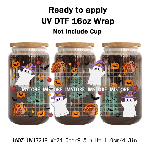 Cute Christmas Ghost Coquette Strawberry Cake UV DTF Stickers Ready To Transfer Cup Wrap Waterproof Logo For Libbey Can Glass