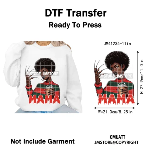 Black Girls Coffee Drinking Halloween Scary Movie Killer Mama Iron on Washable DTF Transfers Stickers Ready to Press for Clothes