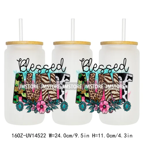 Floral Blessed Mama Leopard Mom 16OZ UV DTF Cup Wraps Ready To Apply Waterproof Transfer Stickers For Libbey Glass Can Tumbler