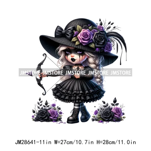 Gothic Girl Gnomes Halloween Witch Dolls Black Flowers Horror Vibes Iron On DTF Transfers Stickers Ready To Press For Clothing