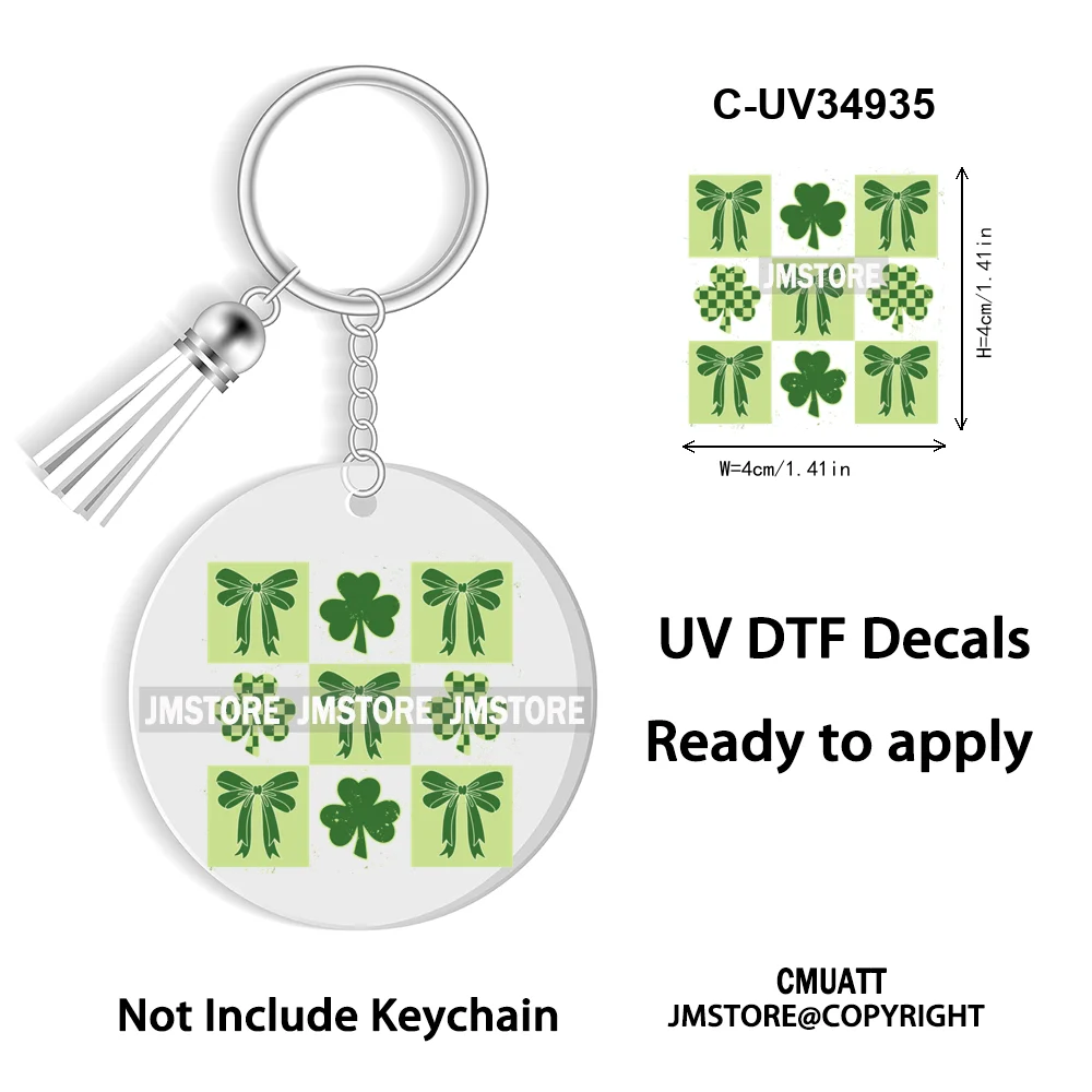 Faux Glitter Lucky Shamrock Coquette St. Patrick's Day WaterProof UV DTF Stickers For Round Circle Acrylic Keychain Key Ring