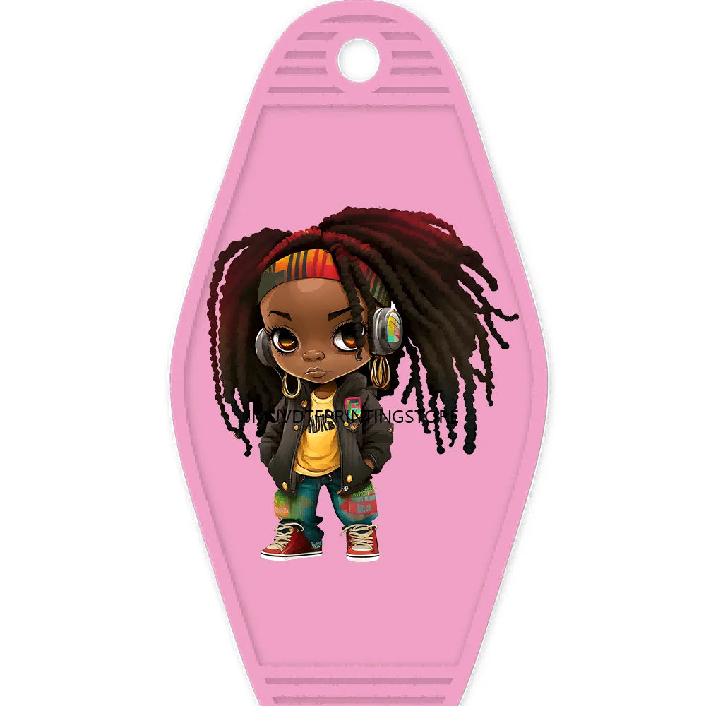 Cool Dreadlock Afro Girl High Quality WaterProof UV DTF Sticker For Motel Hotel Keychain Black Hip Hop Kids