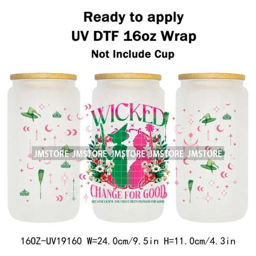 Coquette Green Pink Wicked Witch 16OZ UV DTF Cup Wraps Ready To Apply Waterproof Transfer Stickers For Libbey Glass Can Tumbler
