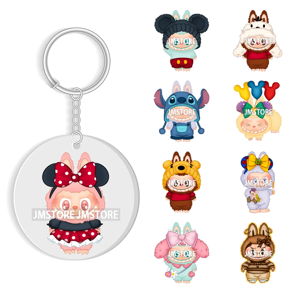 Coquette Bow Cartoon Monsters Doll In Costume Decal Round Keychain Ready To Apply UV DTF Transfer Stickers For Circle Keychain