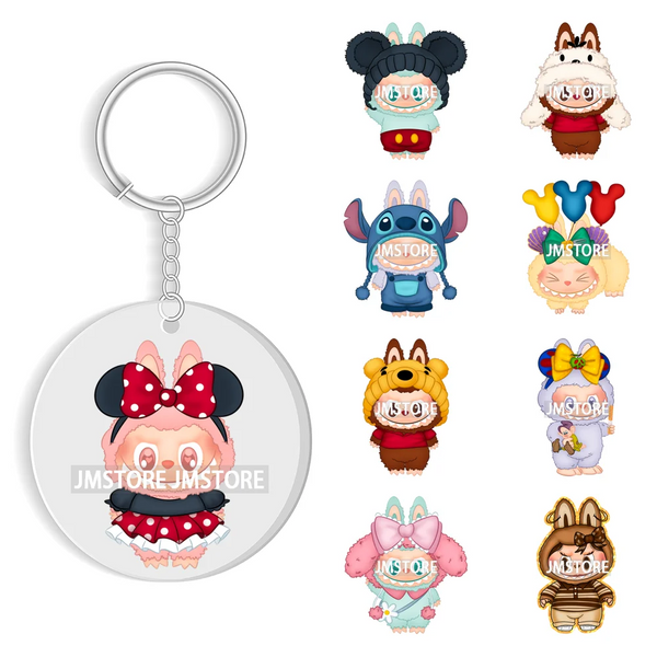 Coquette Bow Cartoon Monsters Doll In Costume Decal Round Keychain Ready To Apply UV DTF Transfer Stickers For Circle Keychain