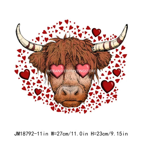 Hot Sale Western Highland Cow Pink Be Mine Heifer Valentine Printing DTF I Love Moo XOXO Heat Transfer Stickers For Hoodies