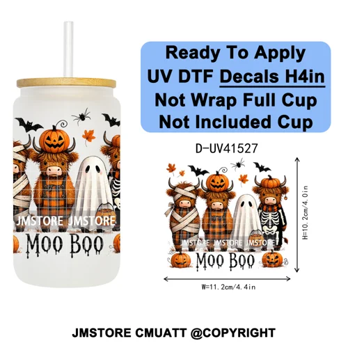 Spooky Highland Cow Halloween Ghosts Pumpkin UV DTF Decals Ready To Apply Waterproof Transfer Stickers For 16OZ Libbey Glass Can