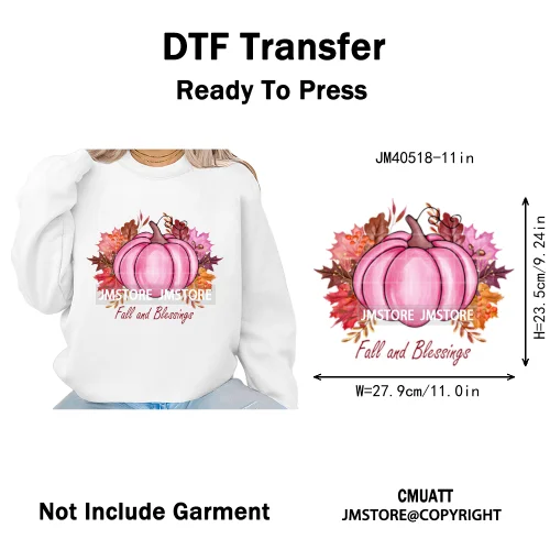 Pink Happy Fall Season Harvest Blessings Pumpkin Autumn Vibes Iron on DTF Washable Transfers Stickers Ready to Press for Hoodies