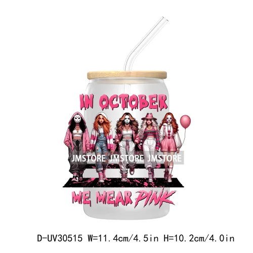 In October We Wear Pink UV DTF Transfers Stickers Decals For Libbey Cold Cups Mugs Tumbler Waterproof Craft Horror Movie Sisters