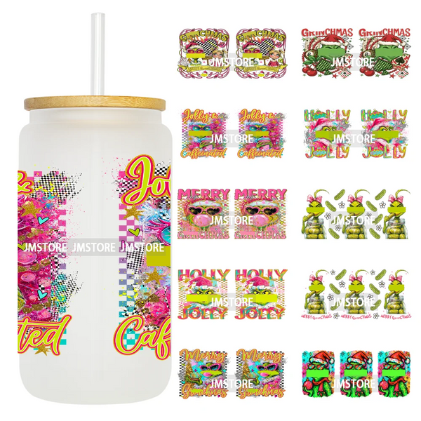 Coquette Bow Christmas Green Character UV DTF Stickers Ready To Apply Cup Wrap Custom Labels DIY Craft For Libbey Glass Can Mugs