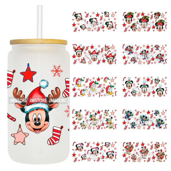 Festive Mouse Christmas Candy Cane 16OZ UV DTF Cup Wraps Ready To Apply Waterproof Transfer Stickers For Libbey Glass Can Bottle