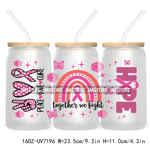 Peace Love Cure Breast Cancer Awareness Pink 16OZ UV DTF Cup Wrap Transfer Stickers For Libbey Glass Can Cups Tumbler October