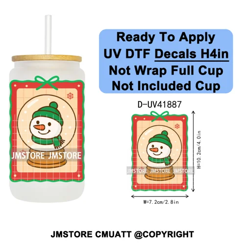 Preppy Christmas Stamps Xmas Card UV DTF Transfer Stickers Decals Ready To Apply Waterproof For 16OZ Libbey Glass Can Tumbler