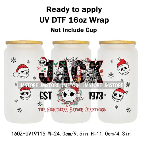 Skeleton Nightmare Before Christmas UV DTF Transfer Sticker Cup Tumbler Wrap For 16OZ Libbey Glass Wraps Bottle Mug DIY Labels